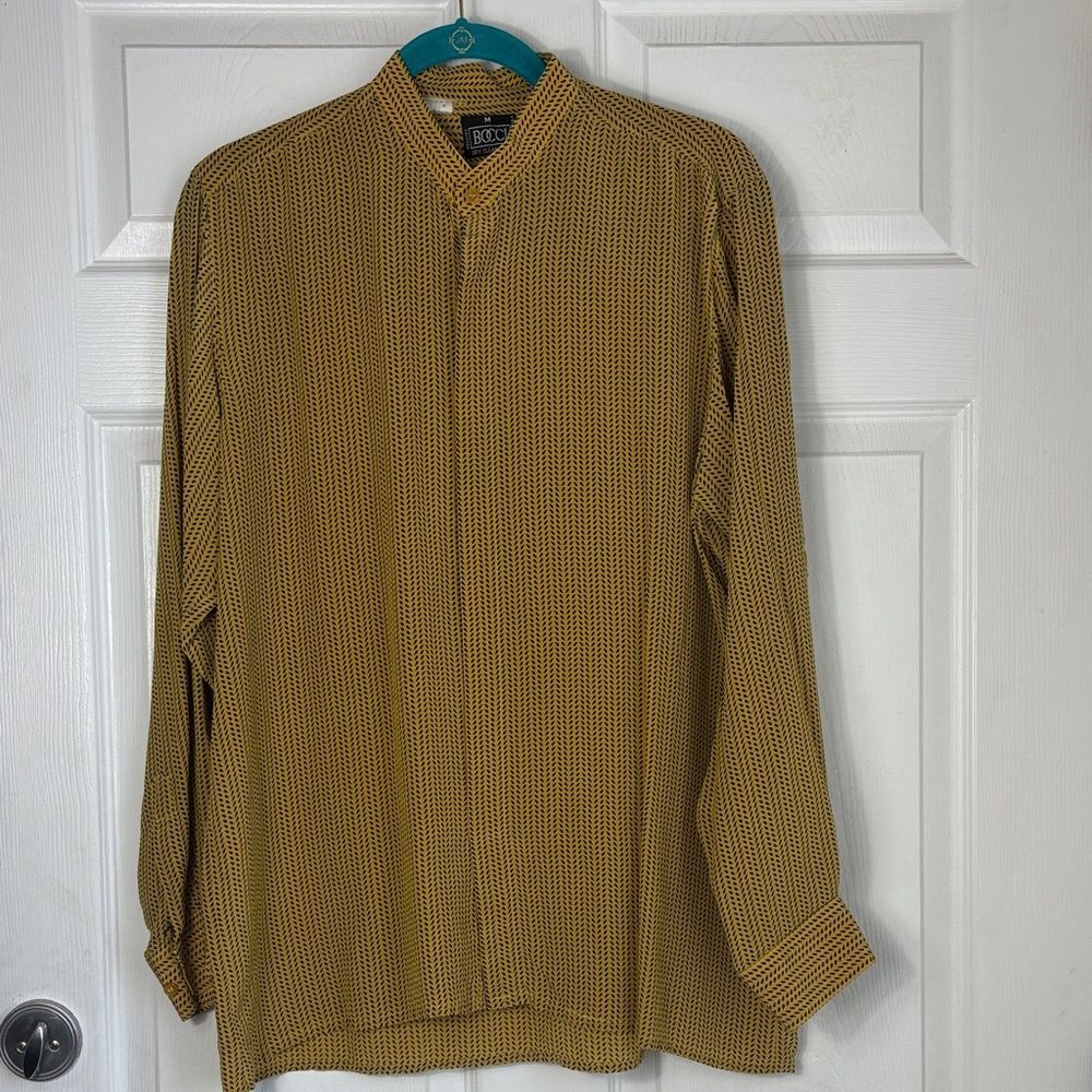 Vintage BOCCI Italian Silk Monk Collar Patterned Long Sleeve Shirt Size Medium